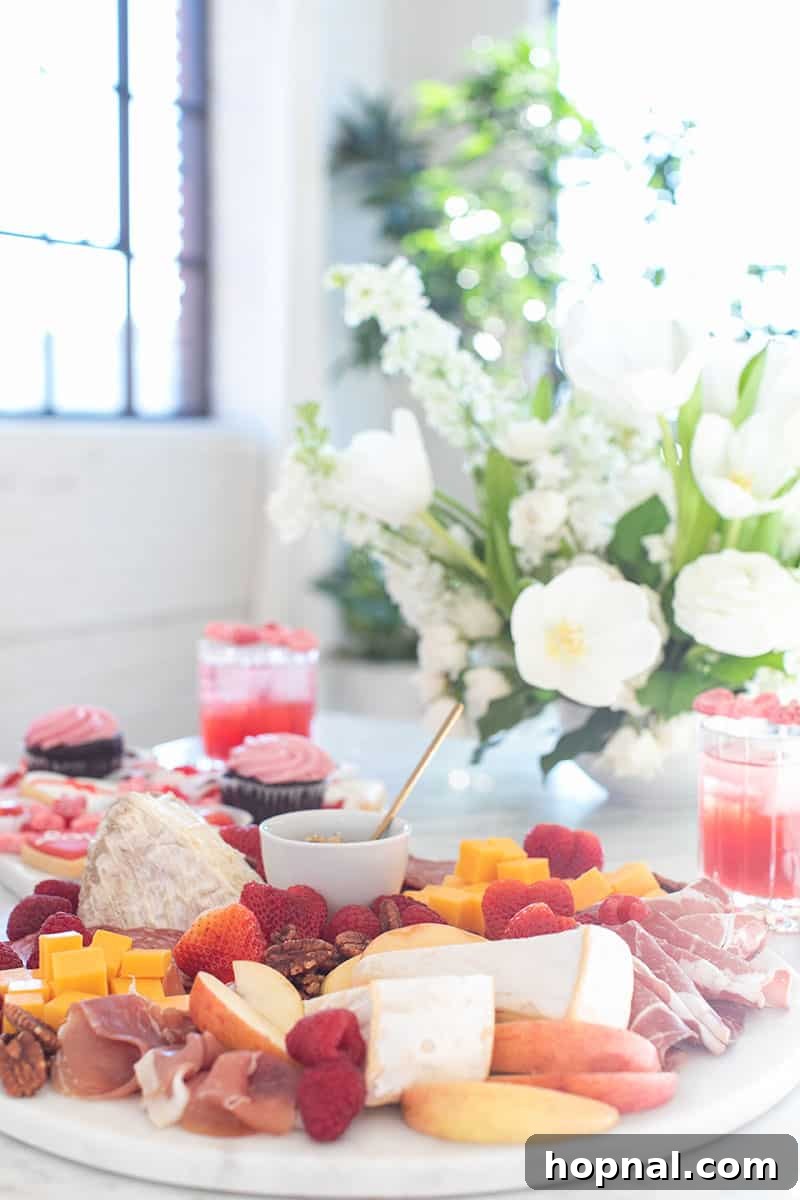Valentine's Day Sweetheart's Grazing Board 3 An exquisite Valentine's Day Charcuterie platter lavishly spread alongside a delightful dessert platter, creating a harmonious and indulgent feast perfect for a romantic celebration.