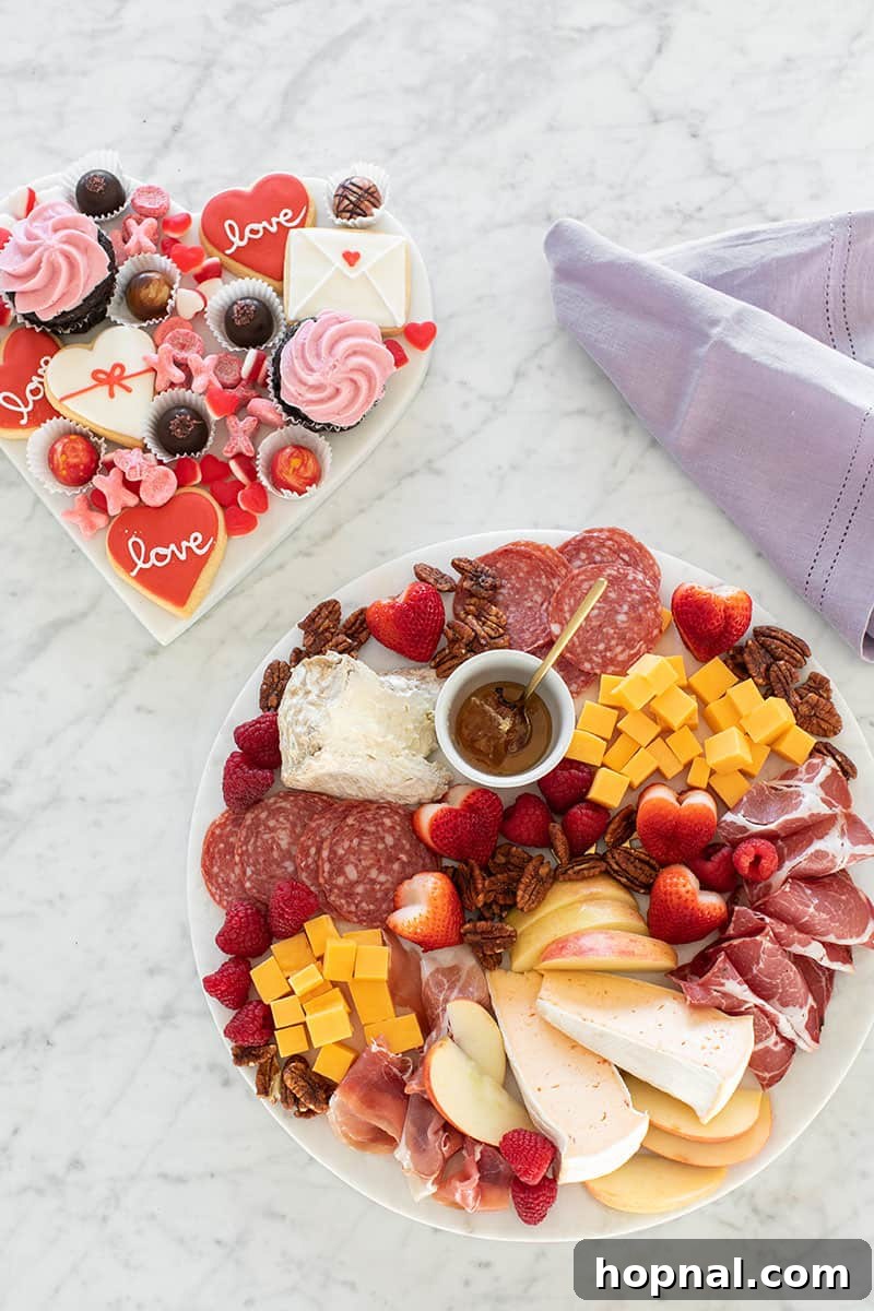 Valentine's Day Sweetheart's Grazing Board 21 A magnificent dual spread featuring a gourmet meat and cheese platter alongside a delightful dessert platter, showcasing an abundant feast for any special occasion.