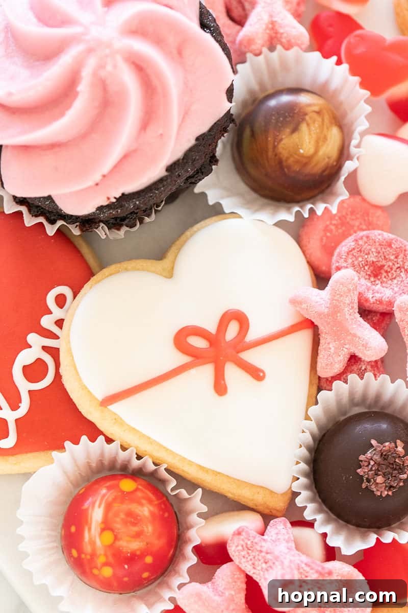 Valentine's Day Sweetheart's Grazing Board 6 An array of charming heart-shaped sugar cookies and elegant gourmet truffles beautifully arranged on a Valentine's Day dessert platter, showcasing a delightful blend of artistry and indulgence.