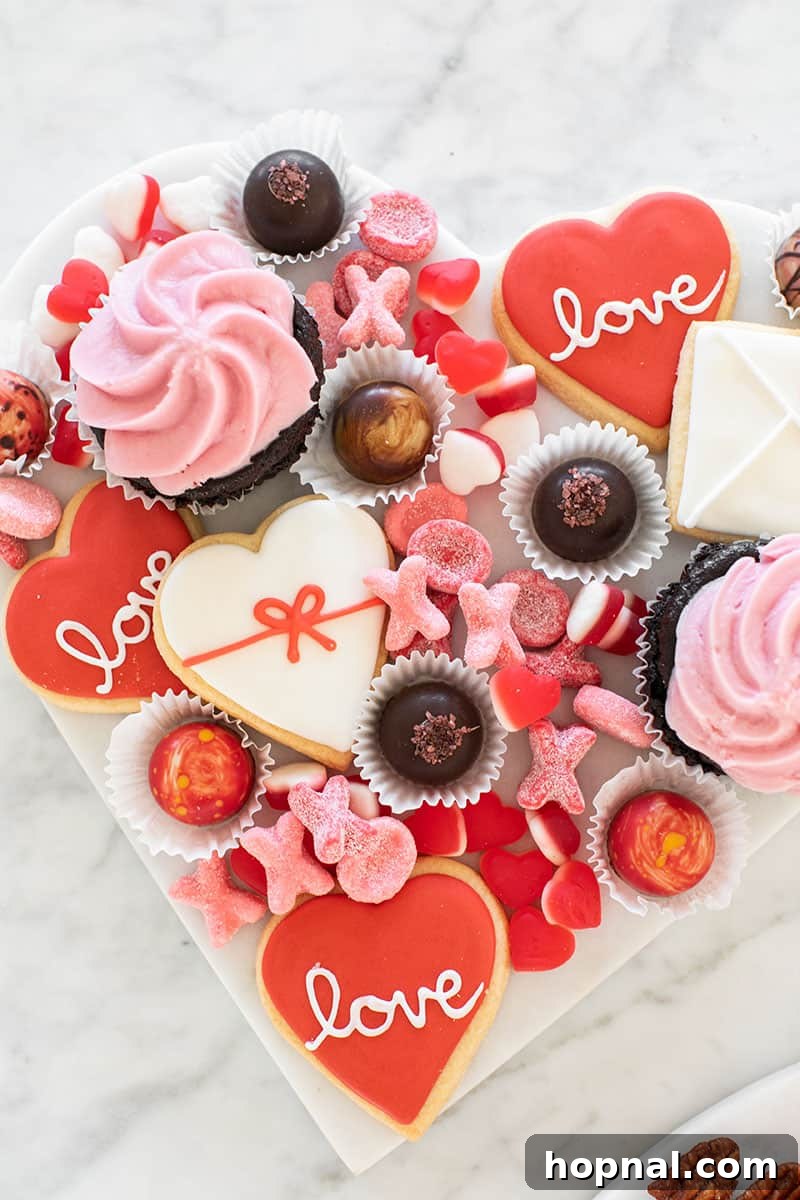 Valentine's Day Sweetheart's Grazing Board 7 A vibrant Valentine's Day Dessert Platter, laden with an assortment of festive cookies, colorful gummies, and delicious cupcakes, creating a joyful and sweet display.