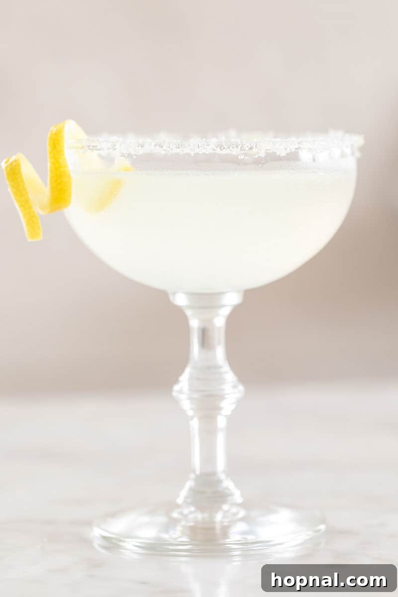 A refreshing Lemon Drop Martini, complete with a twisted lemon peel and a glistening sugared rim, ready to be enjoyed.