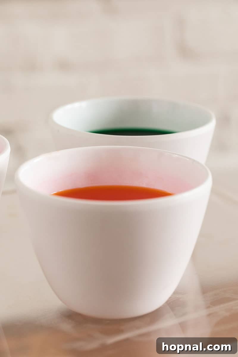 Mastering Easter Egg Dyeing and Design 10 Food coloring in bowls for dying Easter eggs.