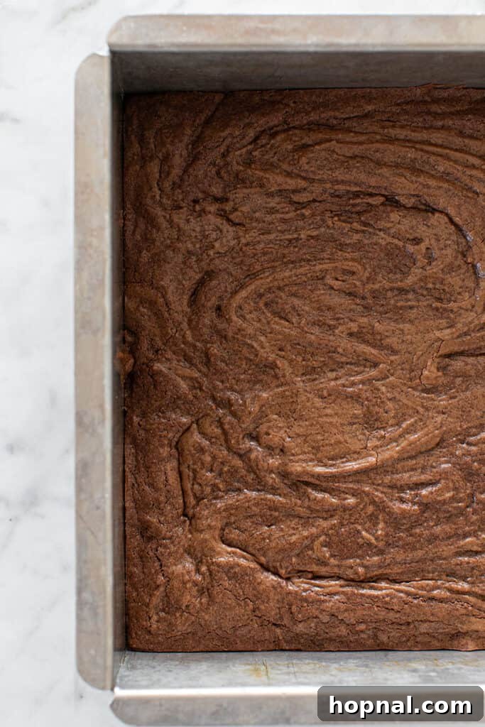 Freshly baked homemade brownies, still warm and inviting in their pan, displaying a beautiful crackled top and promising a rich, fudgy interior.