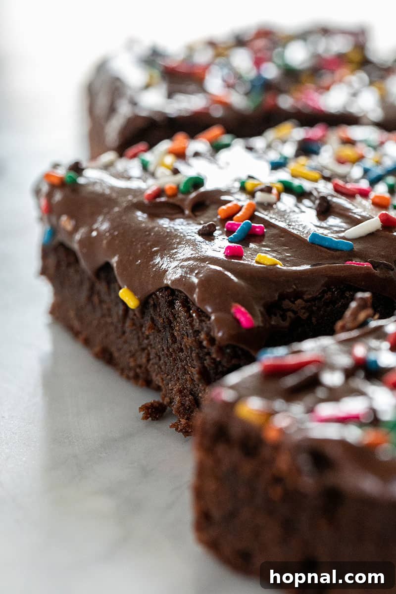 A tray of perfectly baked homemade chocolate brownies, generously coated with a smooth, delectable chocolate frosting, ready to be sliced and served.