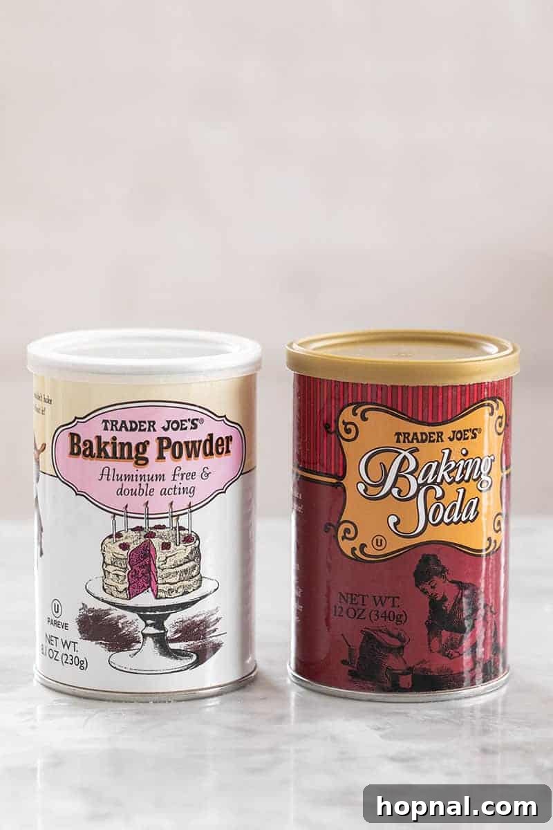Bottles of baking soda and baking powder displayed together.