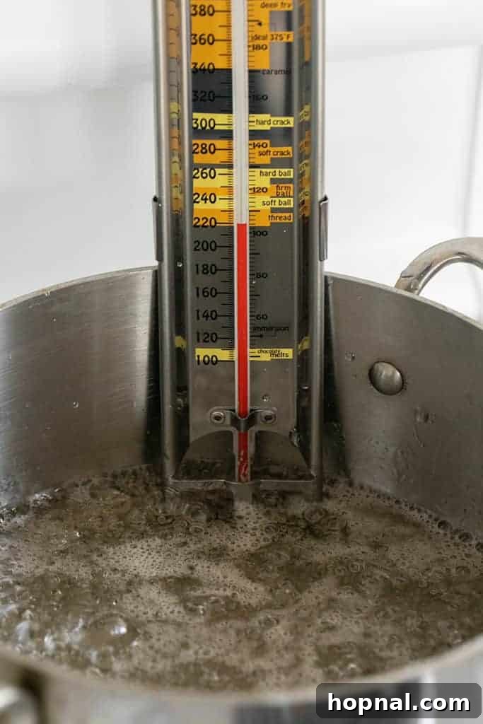 Püfür Püfür Ev Yapımı Marshmallow Sırları 5 A sugar syrup mixture, consisting of granulated sugar, corn syrup, and water, is brought to a steady boil in a medium saucepan, diligently monitored by a candy thermometer to ensure precise temperature.