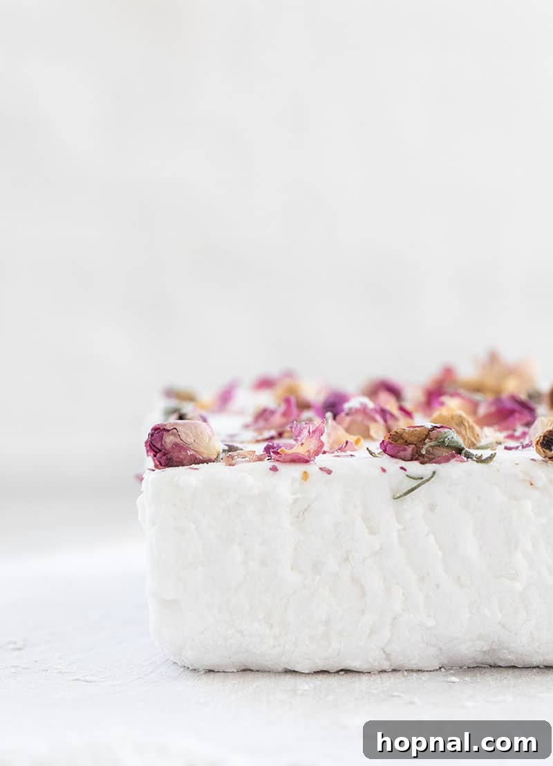 Rose Petal Clouds 18 Homemade marshmallow sheet with dried rose petals over the top.