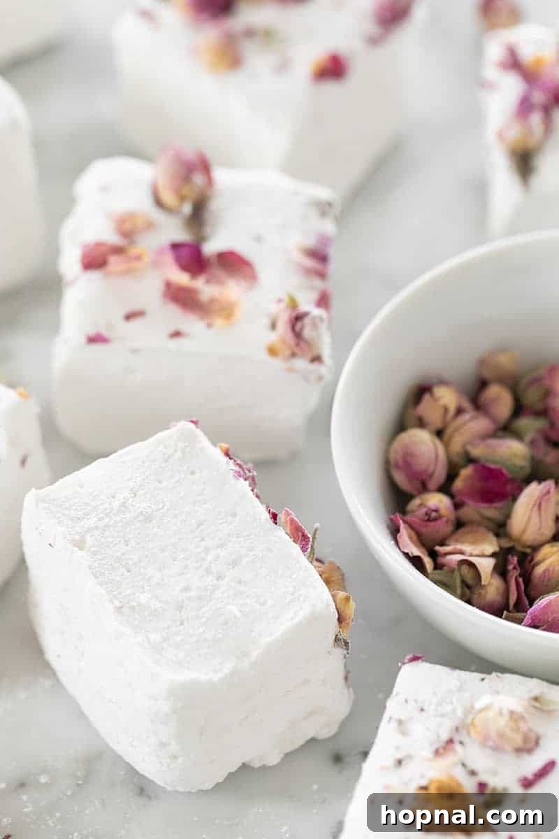 Rose Petal Clouds 19 Giant marshmallows with rose petals over the top.