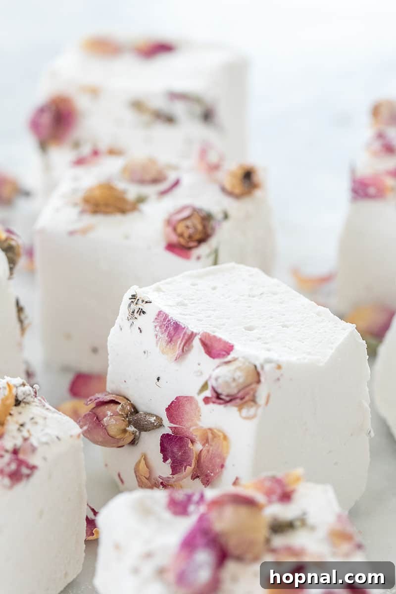 Rose Petal Clouds 3 Homemade marshmallows with roses over the top.