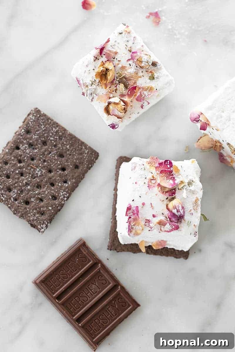 Rose Petal Clouds 23 Rose flavored marshmallows on a Graham cracker and chocolate.