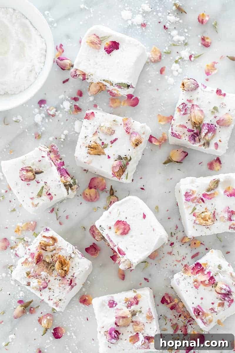 Rose Petal Clouds 20 Giant, white fluffy homemade marshmallows with dried edible rose petals over them.