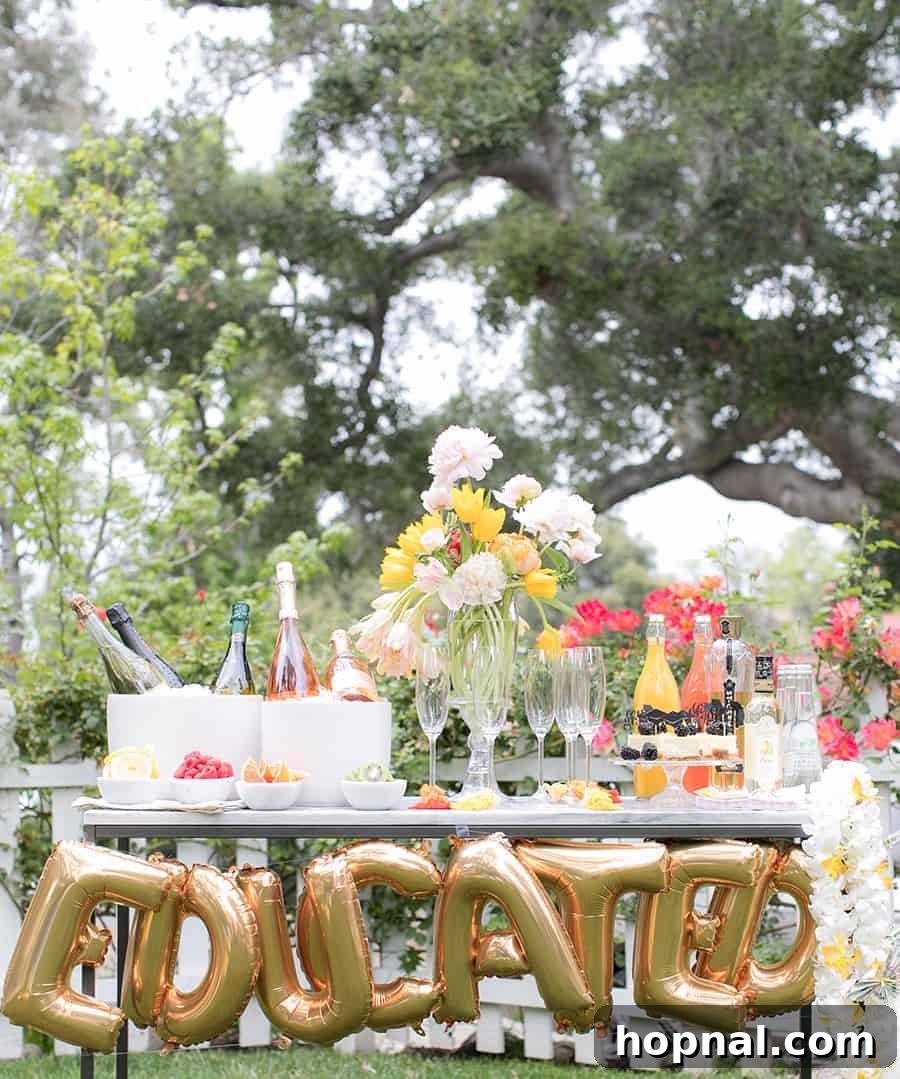 Elegant champagne bubble bar setup with 'EDUCATED' letter balloons, fresh flowers, and sparkling beverages, perfect for a college graduation party.