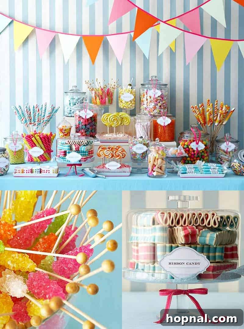 A beautifully arranged colorful candy bar display, featuring various candies in glass jars, perfect for a lively graduation party.