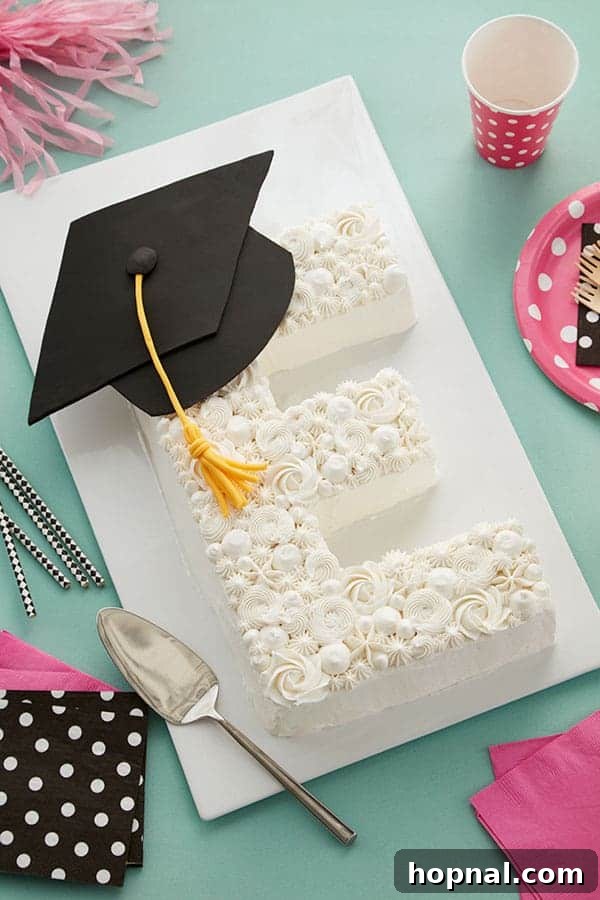 An elegant 'E' shaped letter graduation cake, adorned with a miniature graduation cap and tassel, ideal for celebratory decor.