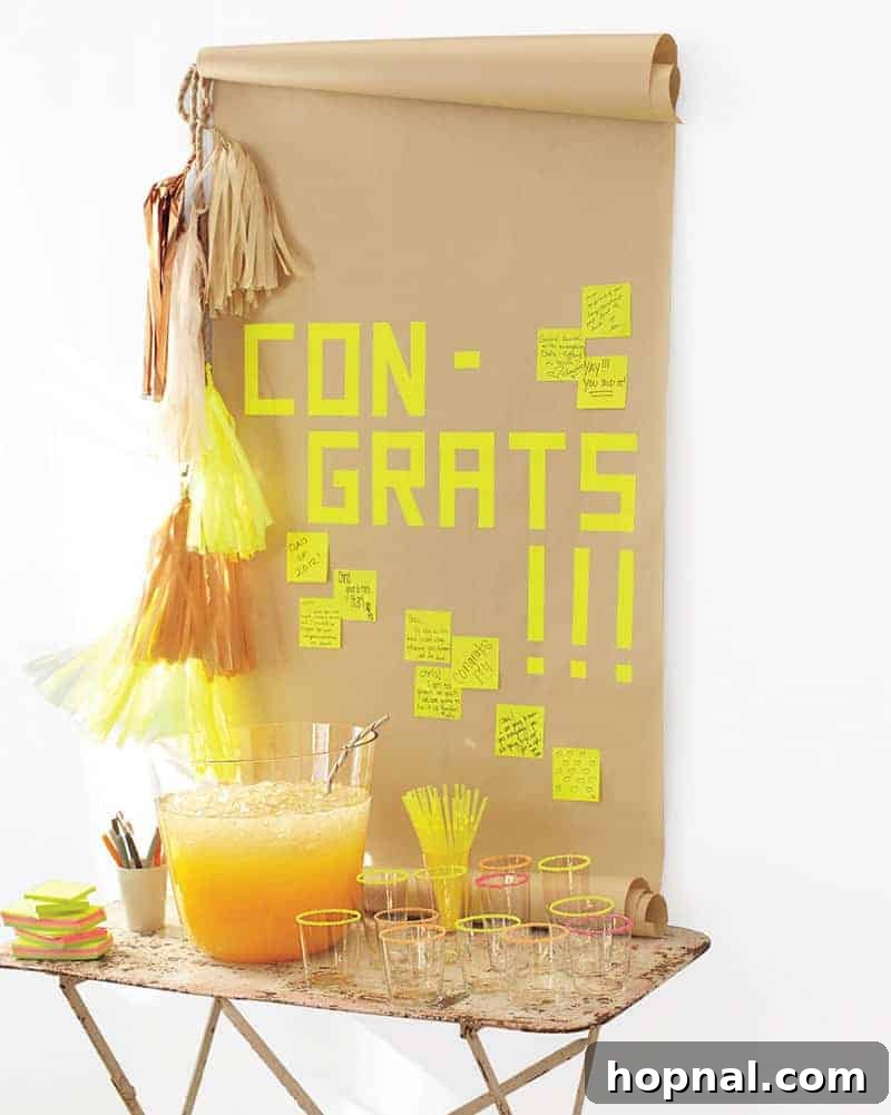 A vibrant neon graduation party setup, featuring a brown paper sign, a punch bowl, and bright neon details, inspired by Martha Stewart.