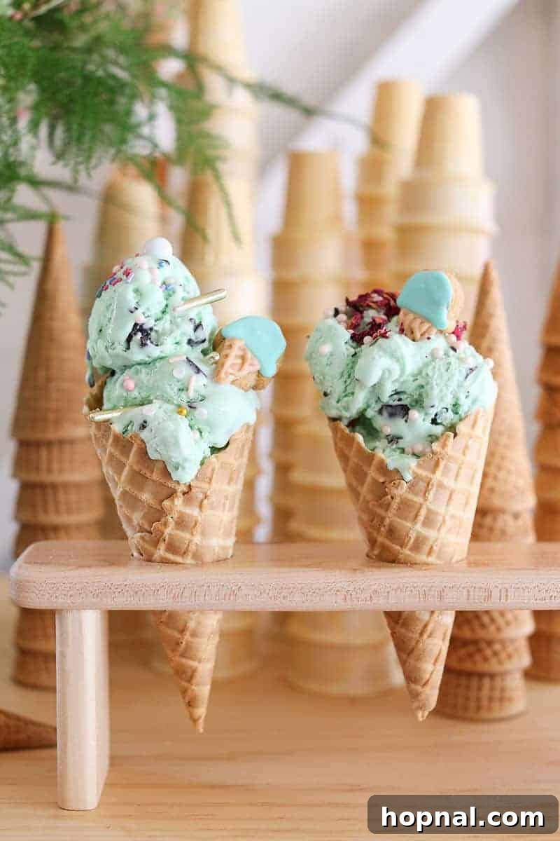 A gourmet ice cream sundae bar featuring waffle cones, various ice cream flavors, and an assortment of colorful sprinkles and toppings.