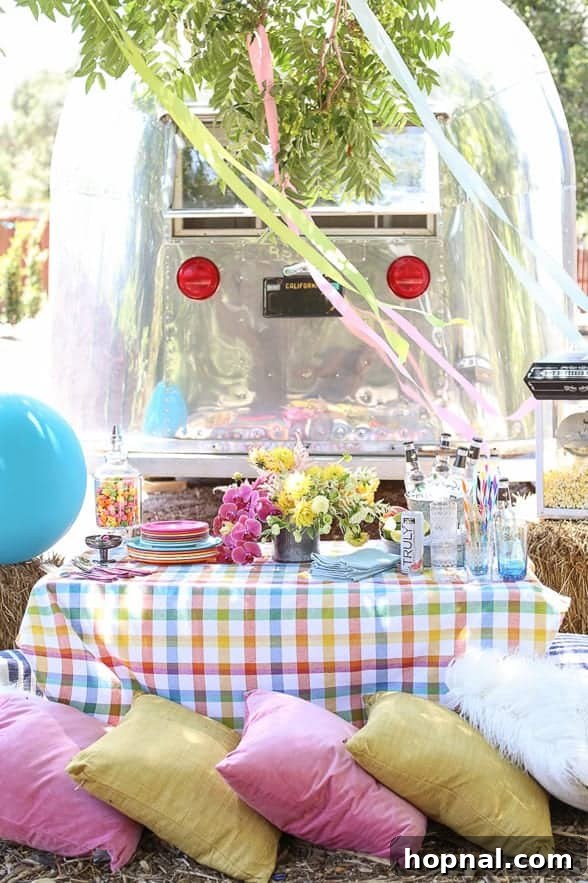 Vibrant backyard carnival-themed graduation party decorations with colorful flowers, balloons, and festive lighting, creating a celebratory atmosphere.