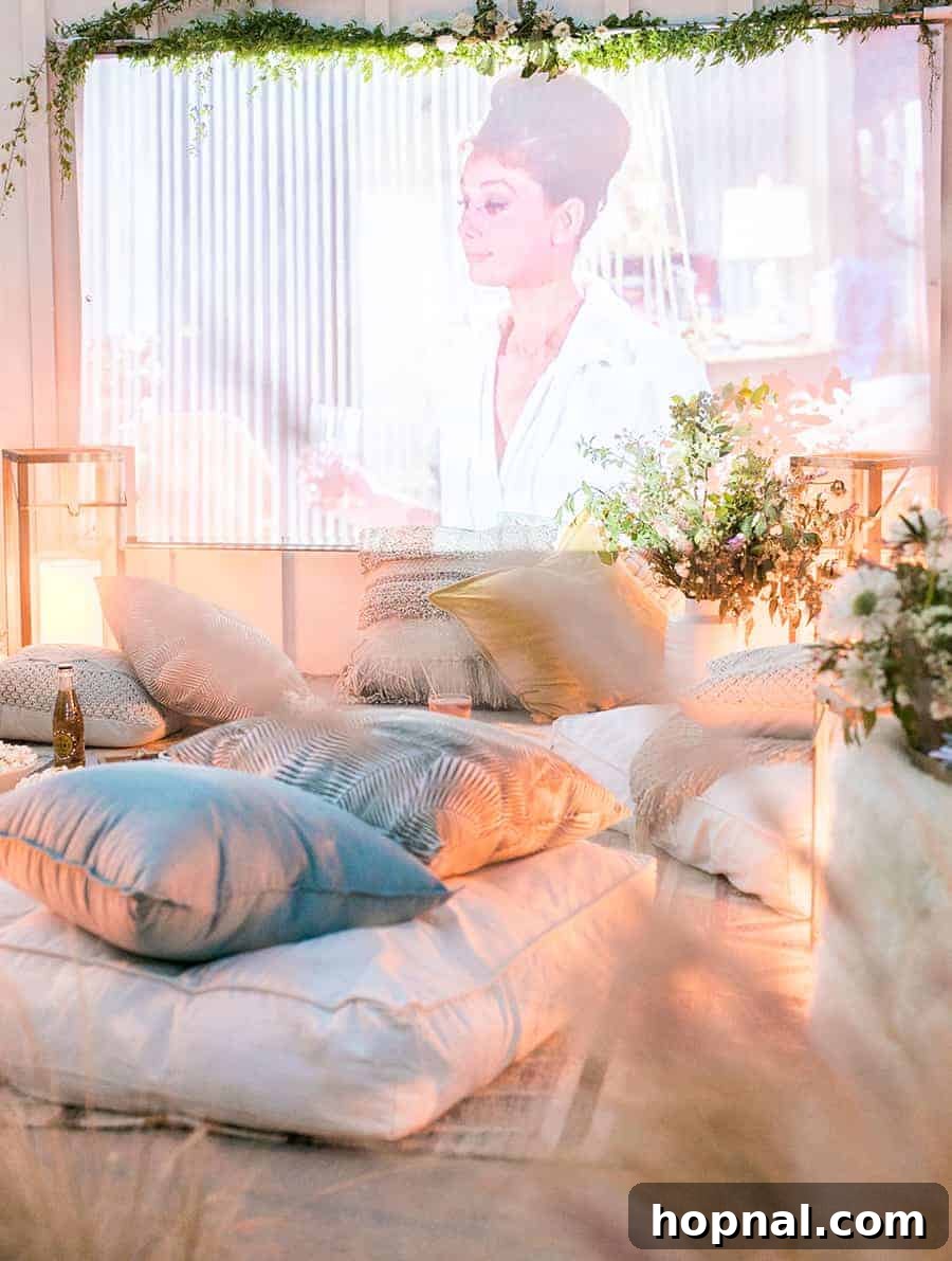 Cozy outdoor backyard movie night setup with a large screen, comfortable pillows, blankets, and string lights, surrounded by lush greenery.