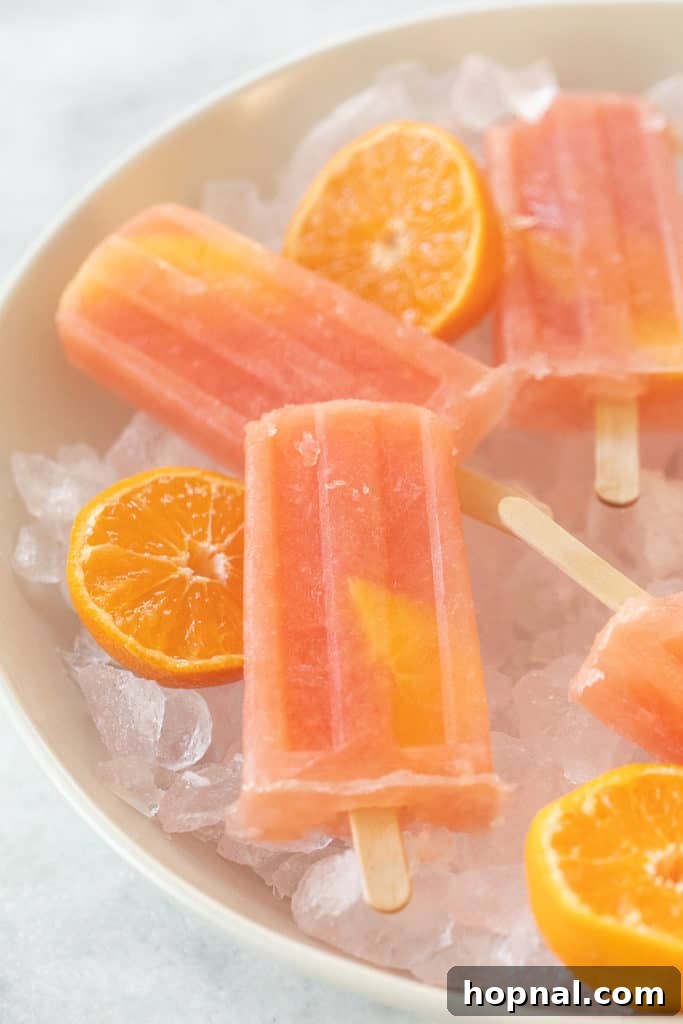 Whip Up Your Own Ice Pops 12 Refreshing Grapefruit Negroni Popsicles served on a bed of ice.