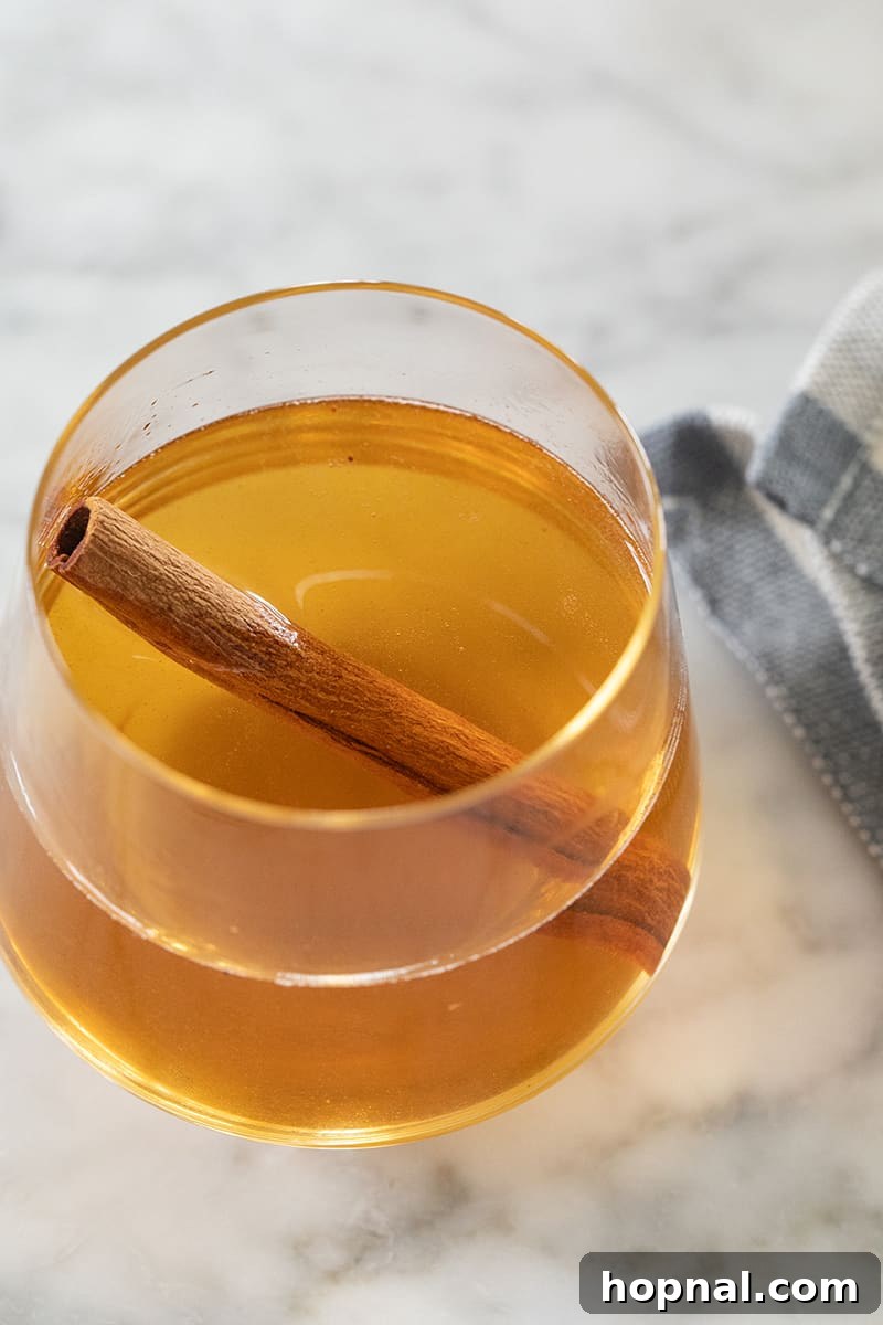 A single glass of apple pie moonshine, garnished with a cinnamon stick, inviting a taste.