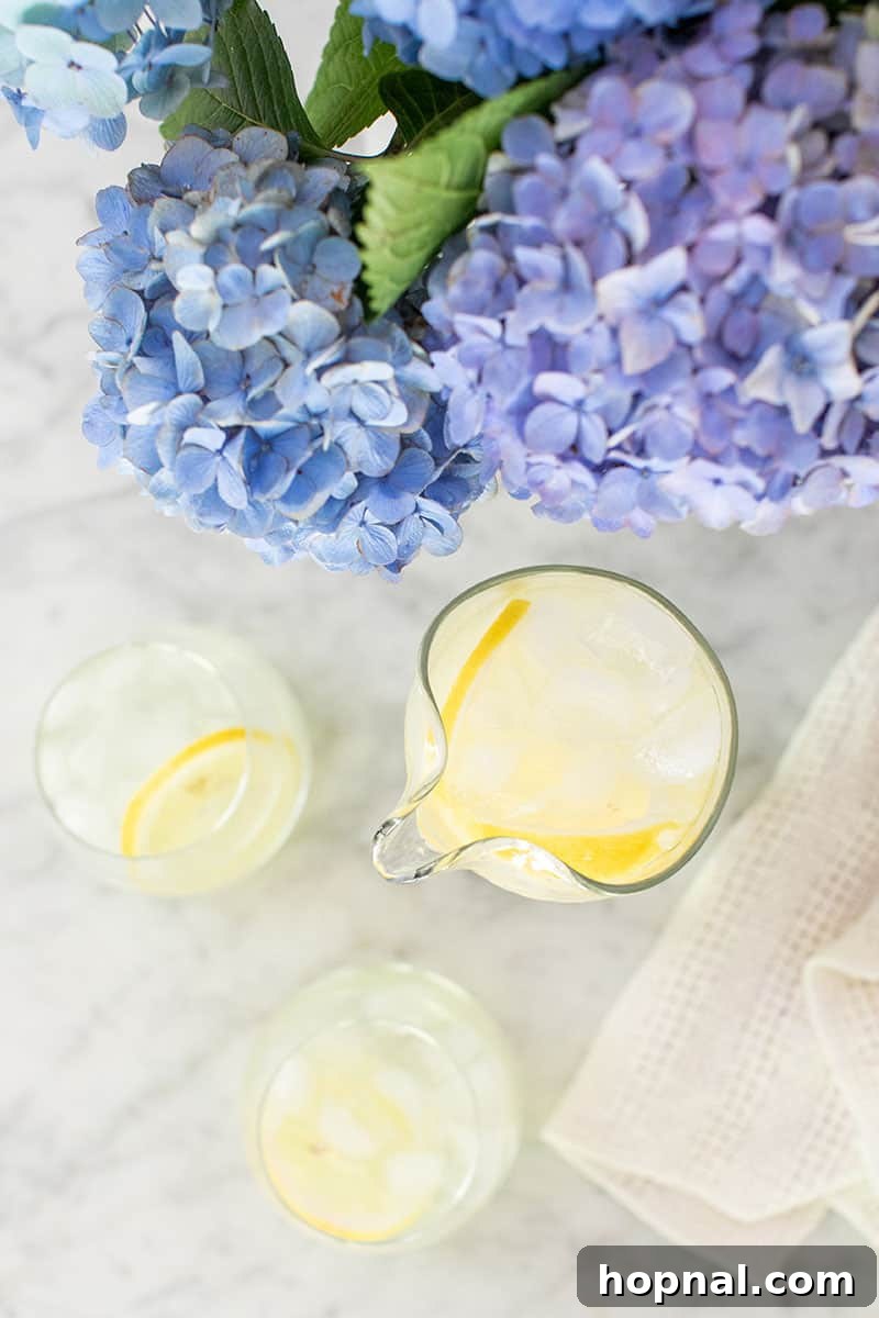 Zesty Homemade Lemonade Delight 3 Close-up shot of a clear pitcher filled with easy homemade lemonade, garnished with fresh lemon slices and ice.