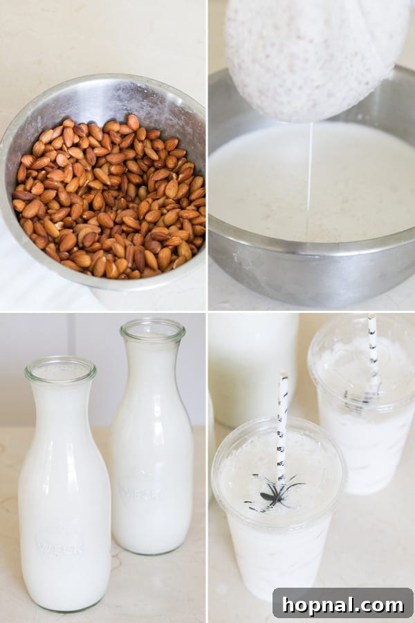 Process shots showing almonds soaking and then being strained through cheesecloth to make almond milk.