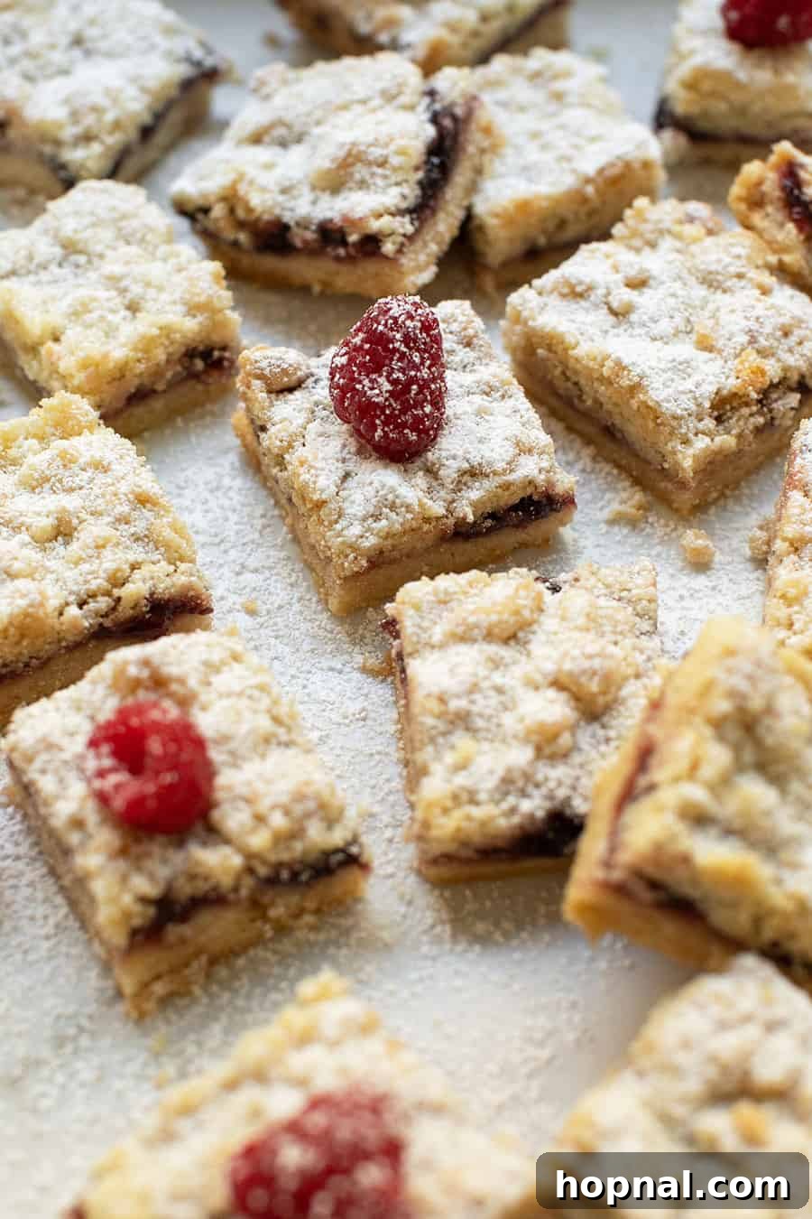 Buttery Shortbread Bars 3 Buttery shortbread cookie bars filled with vibrant raspberry jam and elegantly topped with a fresh raspberry for garnish.