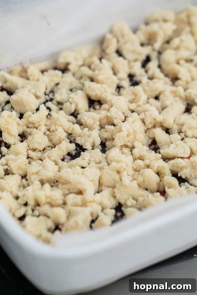 Buttery Shortbread Bars 7 Crumbled shortbread dough evenly distributed over a layer of jam, forming the topping.