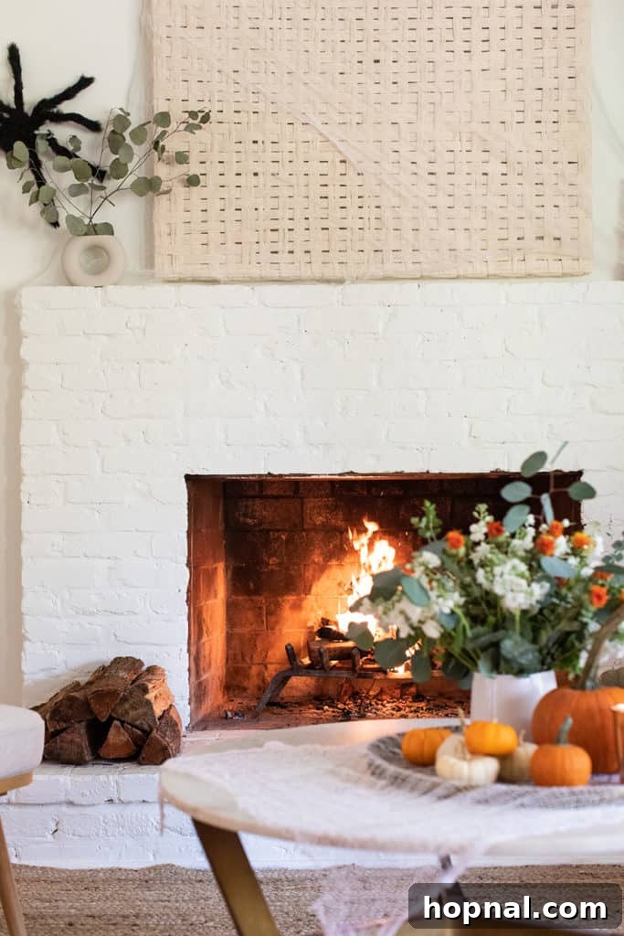 Flowers, fireplace and spooky cheap Halloween decorations for a festive atmosphere