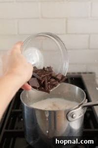 Adding chopped chocolate to warm cream mixture to melt into a smooth base for panna cotta.