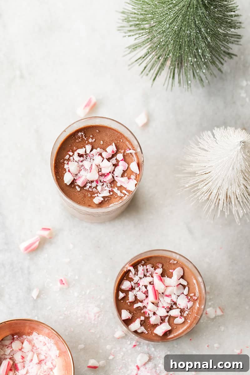 Close-up of individual chocolate Panna Cotta served in glass jars, garnished with crushed candy canes, highlighting its festive appeal.