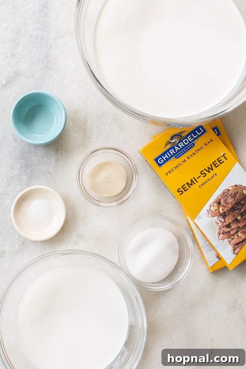 Small bowls containing the essential ingredients for chocolate Panna cotta: whole milk, unflavored gelatin, heavy cream, chopped dark chocolate, salt, and peppermint extract.