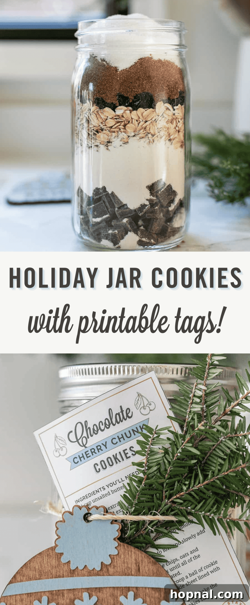 A stunning vertical shot of several holiday cookie mix jars, each with perfectly defined layers of ingredients and festive decorations.