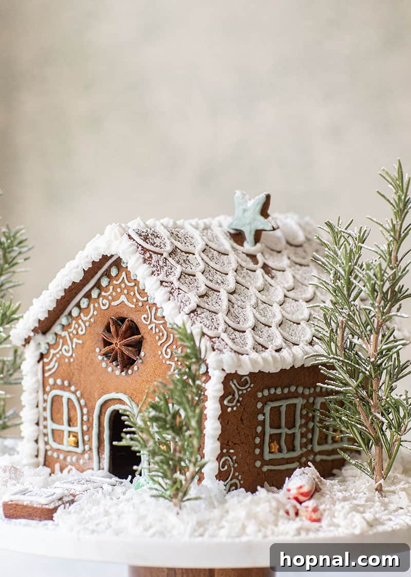 Classic gingerbread house decorated for Christmas