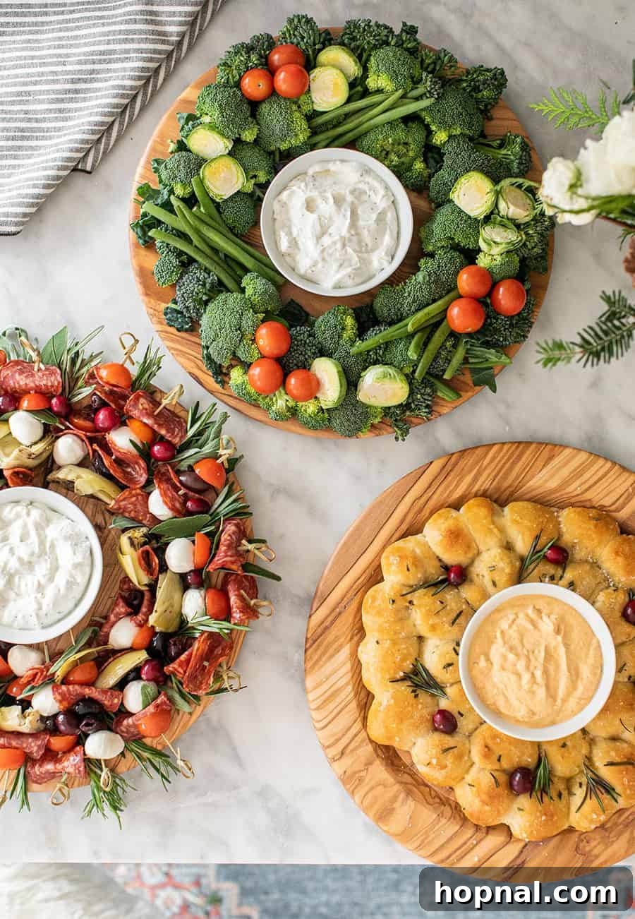 Easy Christmas appetizers on wooden boards. 