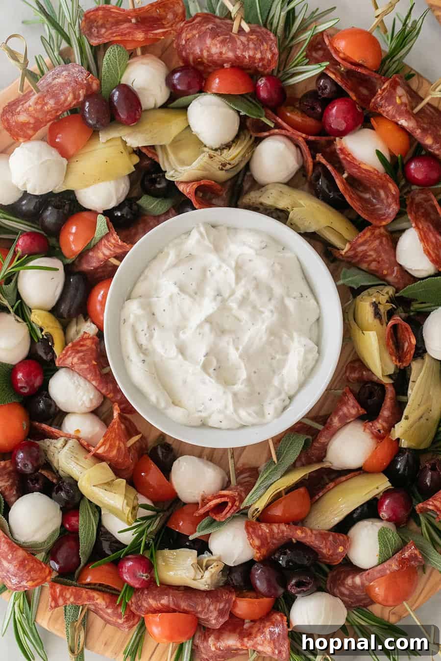 Antipasto Skewer Wreath Christmas Appetizer.