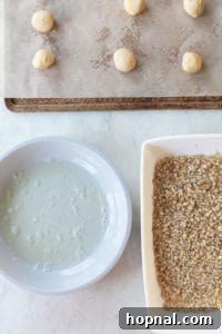 A process shot showing cookie dough being rolled first in egg whites, then in finely chopped walnuts for coating, demonstrating the preparation step.