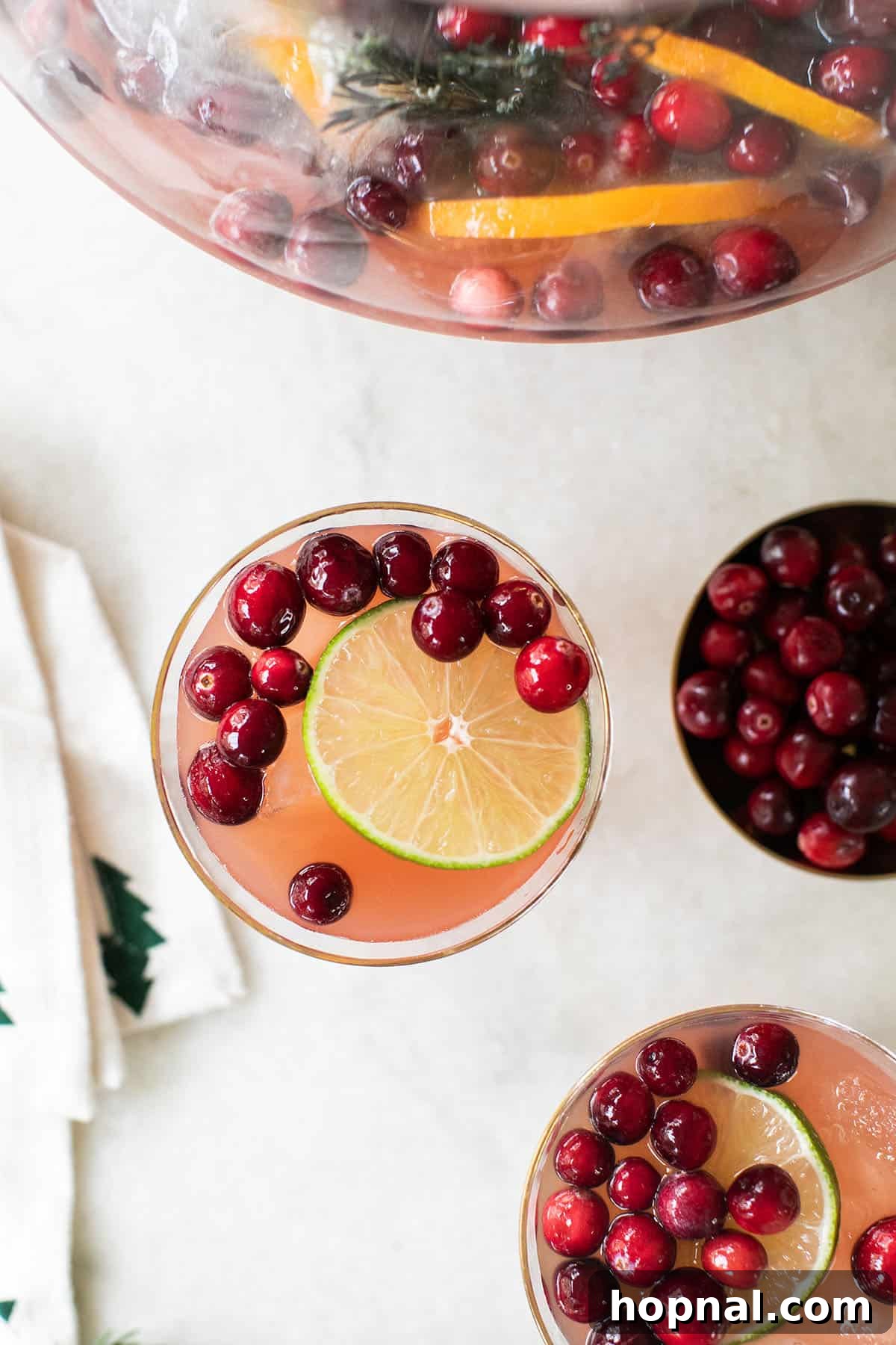 Large bowl of festive Christmas punch with orange slices and cranberries.