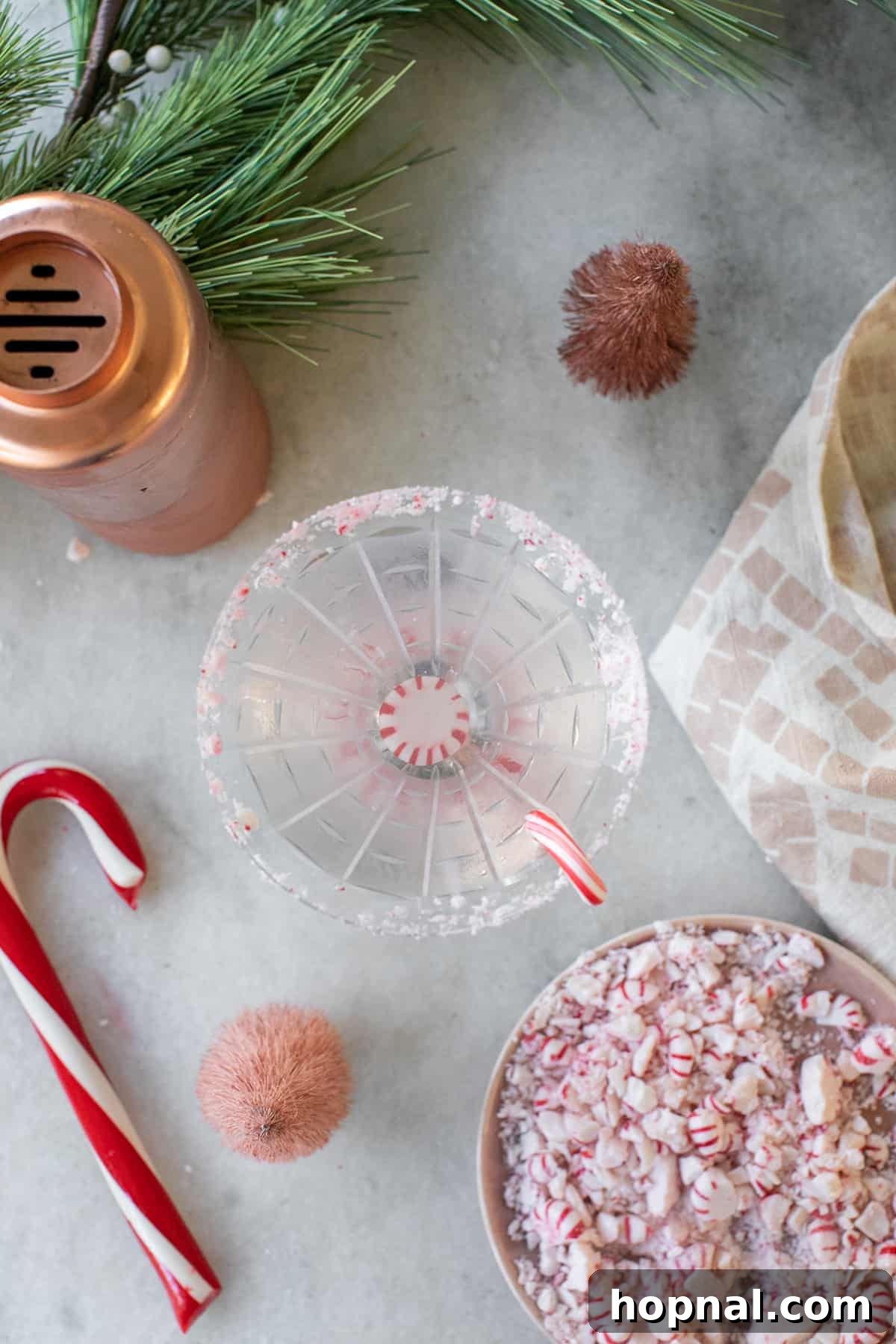Classic peppermint martini with a candy cane rim and a sprig of mint.