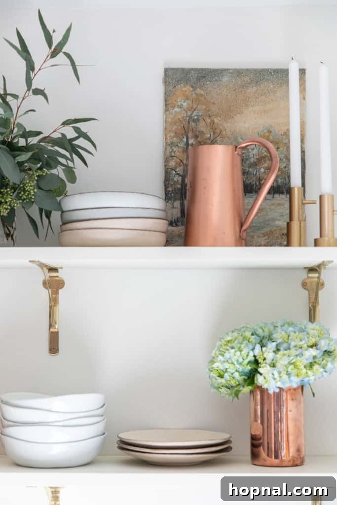 Tiny Kitchen Big Impact 21 Kitchen corner with open shelves and fresh flowers