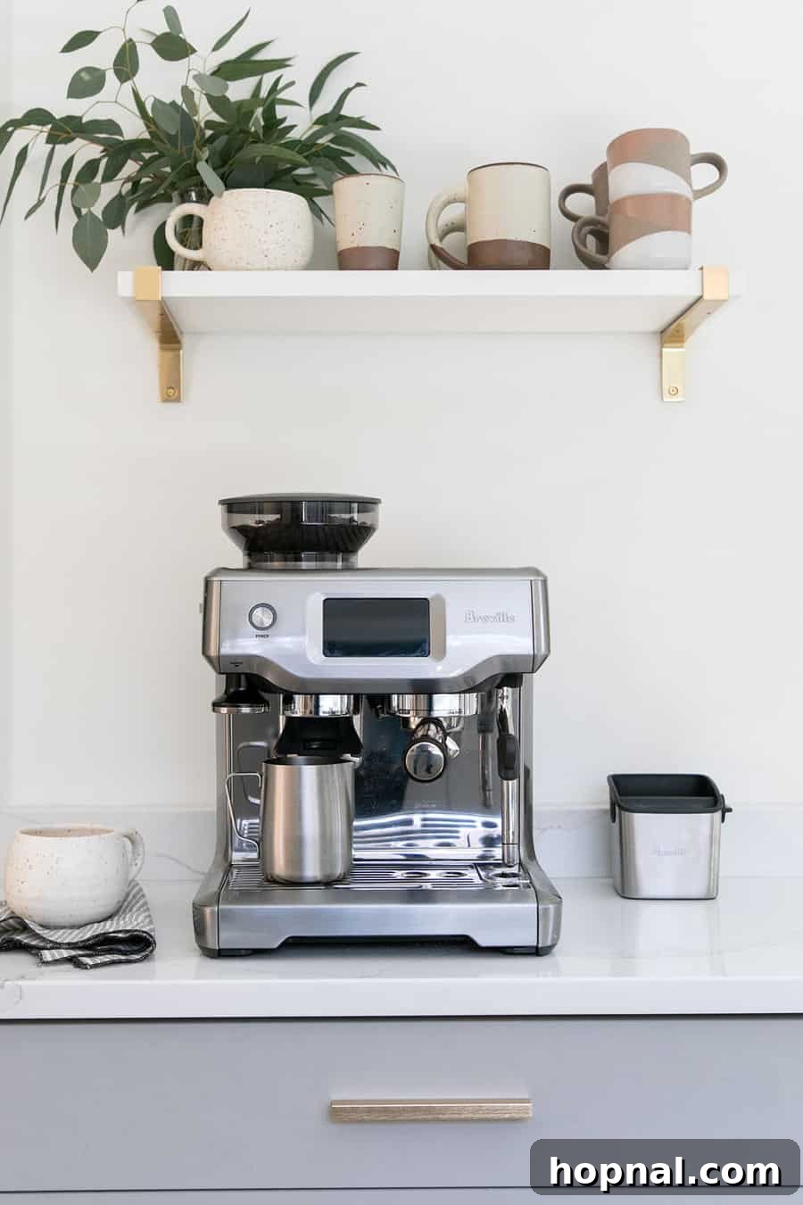 Tiny Kitchen Big Impact 22 Breville espresso maker on a dedicated coffee station
