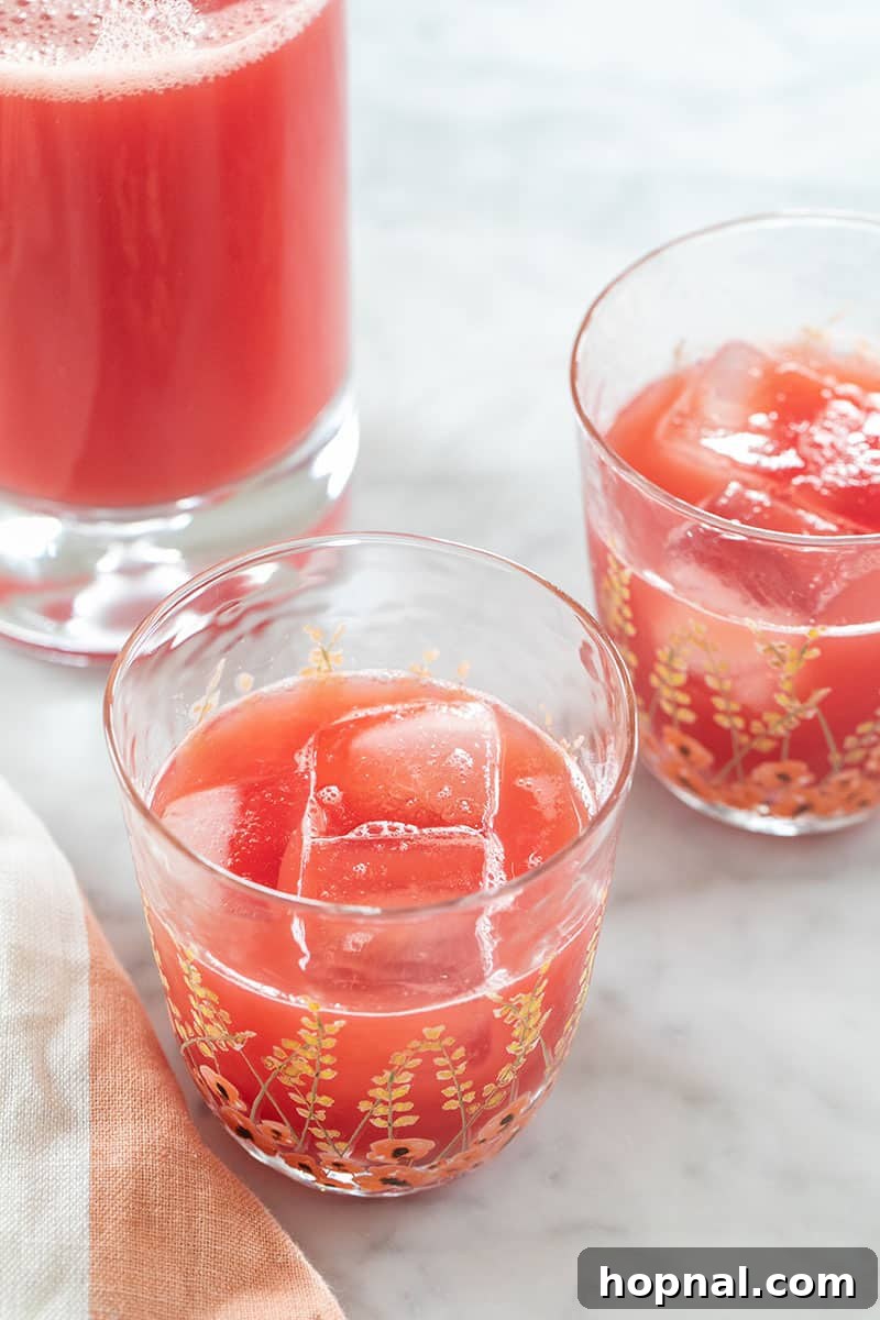 Fresh Watermelon Juice with a hint of tequila, garnished with mint, a hydrating summer drink.