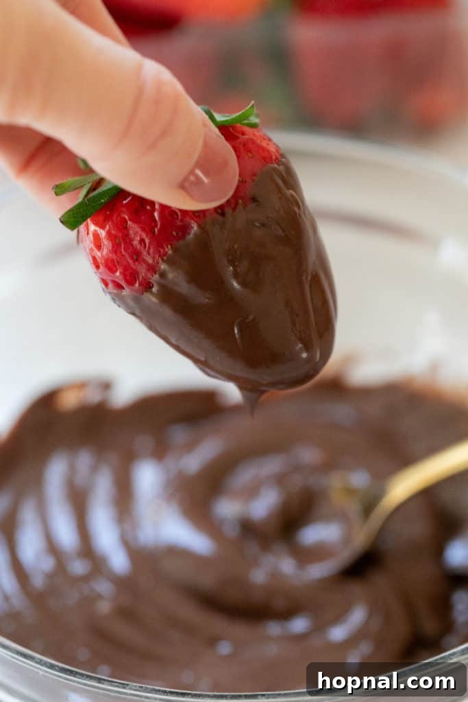 Fresh strawberries dipped in glossy dark chocolate.