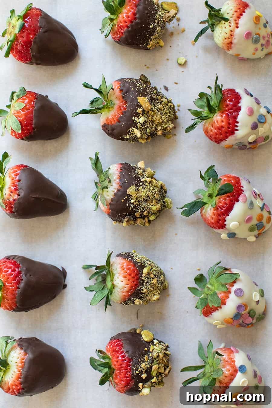 Assorted chocolate-dipped strawberries on parchment paper.