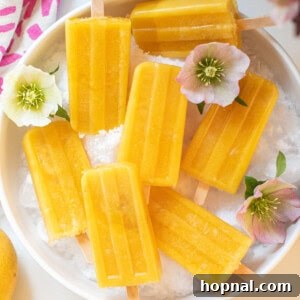 A close-up of a refreshing mango popsicle, perfectly frozen and ready to enjoy, illustrating the simple beauty of homemade treats.