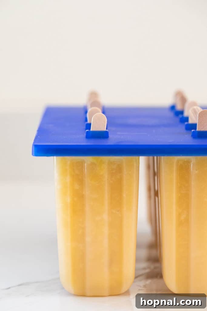 Popsicle molds filled with the mango mixture, with sticks inserted and ready for freezing, showcasing the preparation stage of homemade tropical treats.