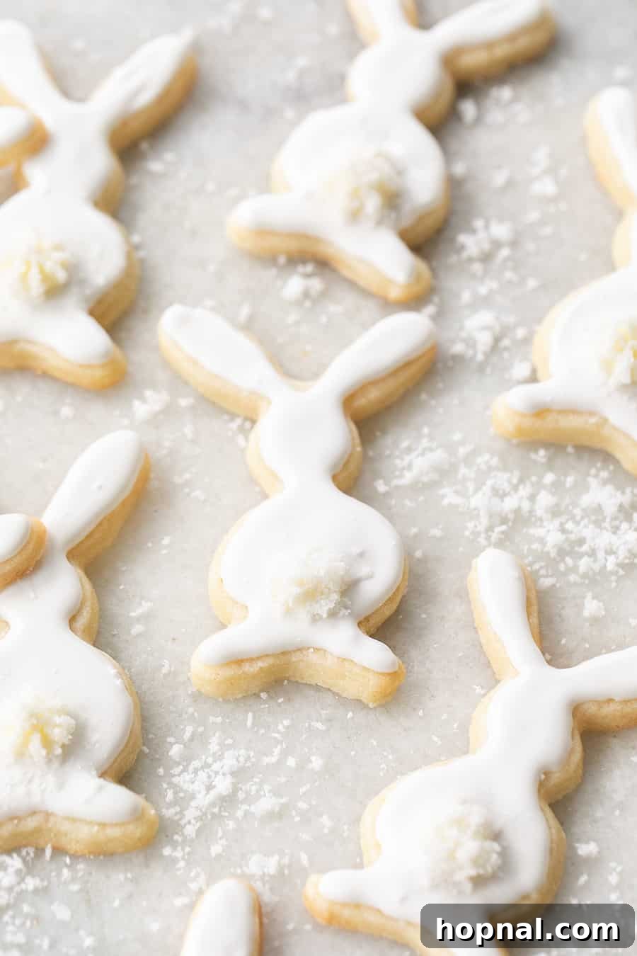 Your Ultimate Easter Recipe Collection 16 Charming bunny sugar cookies with fluffy buttercream tails, ideal for Easter celebrations.