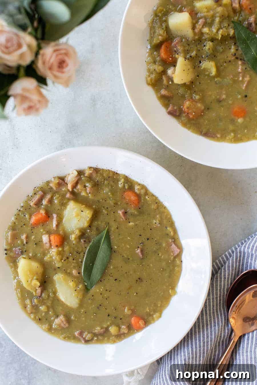 Your Ultimate Easter Recipe Collection 8 Comforting spring split pea soup recipe in a bowl, a warm addition to any Easter menu.
