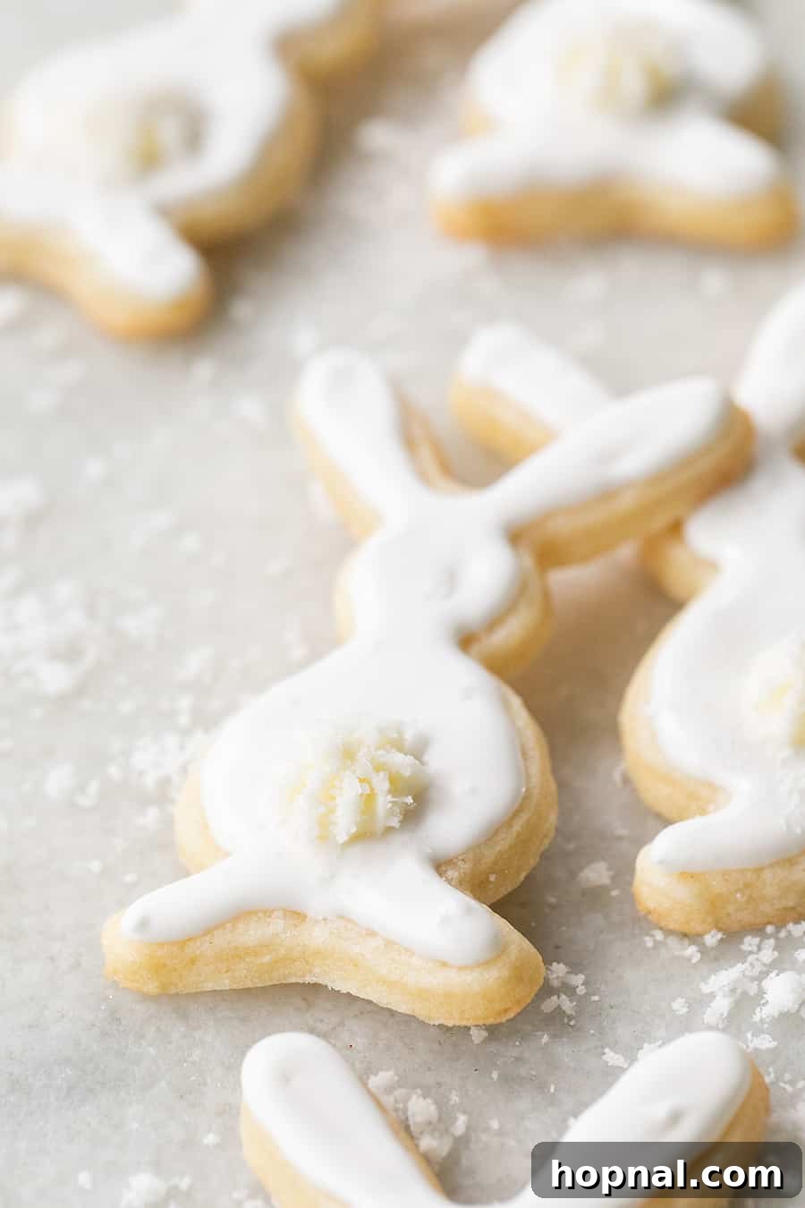 Adorable bunny-shaped sugar cookies, beautifully decorated and ready for an Easter celebration.