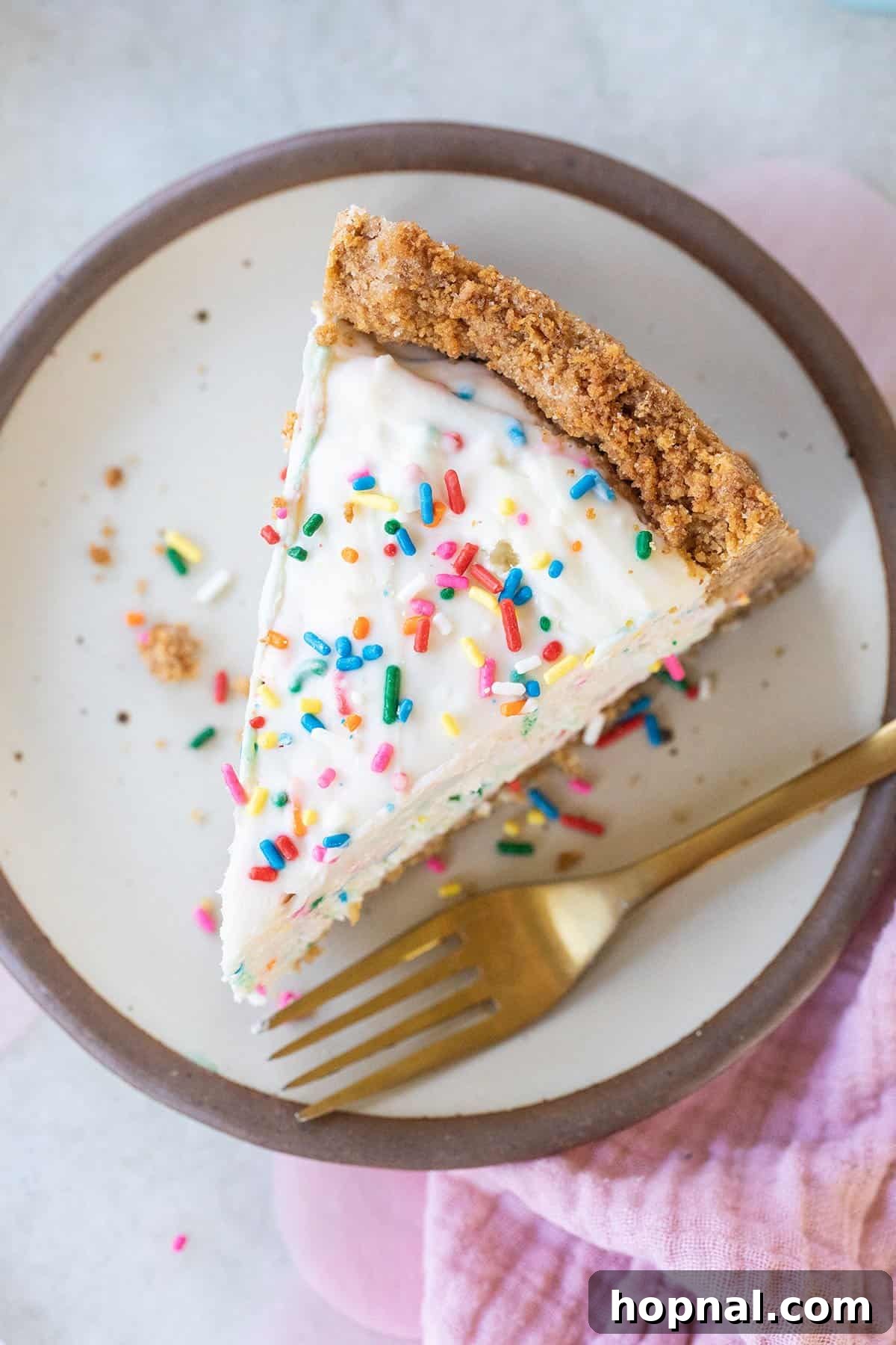 A celebratory birthday cheesecake adorned with colorful sprinkles, showcasing its creamy texture.